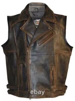 Gilet de motard en cuir véritable pour homme Harley Davidson moto en détresse