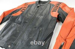Hommes Harley Davidson Veste Cuir L Noir Orange Perforé Barre Bouclier Zip EUC