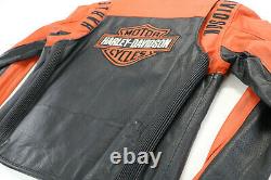 Hommes Harley Davidson Veste Cuir L Noir Orange Perforé Barre Bouclier Zip EUC
