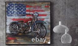 Moto 1 Harley Davidson Mélange Média Main Peint Fer Mural Sculpture Cadeau
