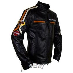 Nouveaux hommes en cuir noir veste Biker Cafe Racer rétro comme Harley Davidson